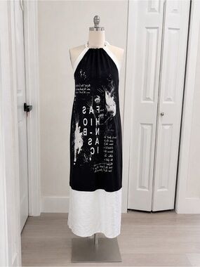 Sleeveless Black & White Graphic Halter Maxi Dress